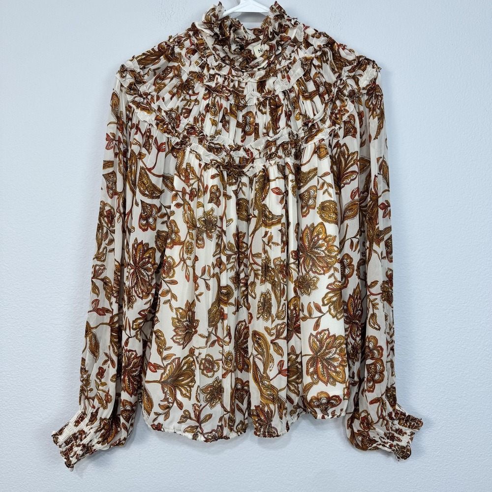 Nicholas Shirt Women's 2 Cream Floral Ruffle High Neck‎ Long Sleeve Boho Blouse